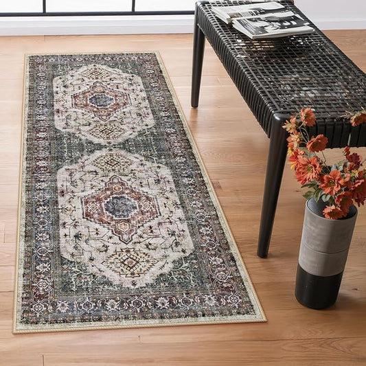 Lahome Oriental Washable Hallway Runner Rug, 2x6 Runners for Hallways Non Slip Ultra-Thin, Vintage Soft Long Carpet for Kitchen Bathroom Bedroom Laundry Room Eleanor,Brown/Grey