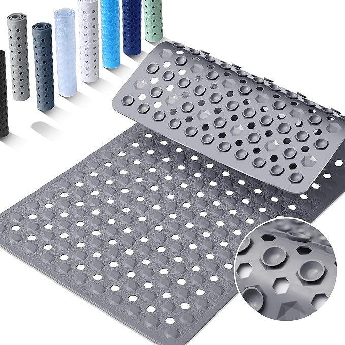 Yimobra Bath Tub Mat Non Slip, 34.5"x15.5" Long Shower Mat, Machine Washable Bathmat with Drain Holes and Suction Cups, Soft on Feet, Bathroom Essentials, Grey