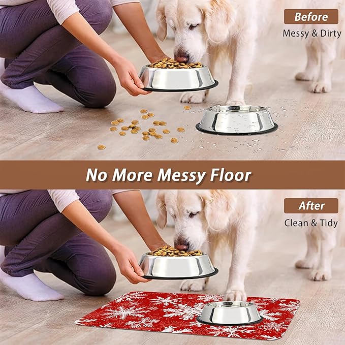 Christmas Dog Food Mat for Floors,Snowflake Absorbent Pet Food and Water Bowl Mats,Non-Slip Pet Feeding Mat,Pet Supplies 16" x 24"