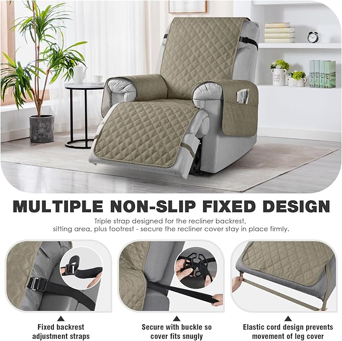 TAOCOCO 100% Waterproof Recliner Chair Cover Non-Slip Reclining Cover for Recliner Chair Washable Chair Seat Cover with Elastic Straps for Pets Sofa Slipcover with Pocket (Small 23'', Khaki)