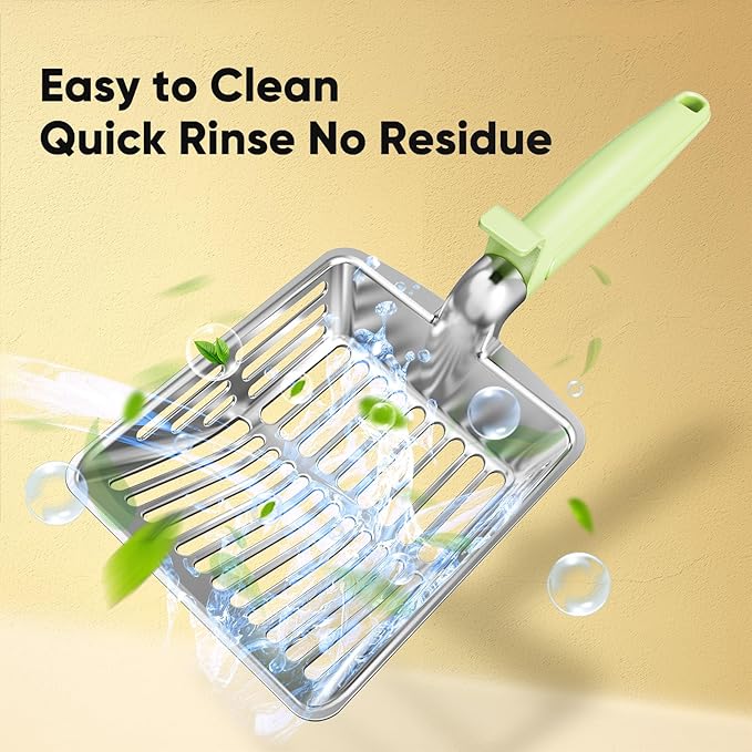 KooMooM Metal Cat Litter Scoop, Large Cat Scooper with Deep Shovel & Dual Sifting Holes for Fast & Precise Sifting, Space Aluminum Kitty Litter Scooper with Long Handle & Easy-to-Hang Hook - Mint