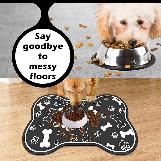 Dog Cat Food Mat,Rapid Absorbent Pet Feeding Mat, Bone Shaped Dog Placemat Water Bowl Mat with Rubber Backing,No Stains Dog Cat Food Mats Indoor, Pet Accessories Supplies 16"×24" Black