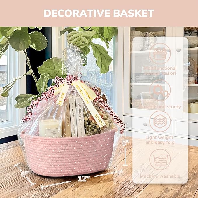CHICVITA Valentines Day Basket with Gift Bags & Ribbon Baskets for Gifts Empty, Rope Baskets for Organizing, Home Decoration for Kids, 12"x 8"x 5", Pink
