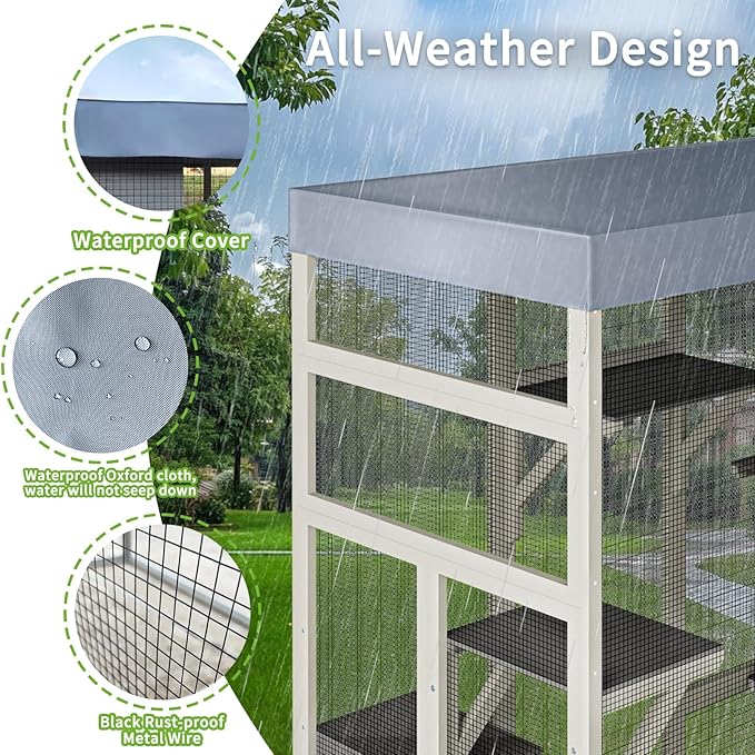 LOVMOR 62.6" Outdoor Wooden Catio for Cats, Large Cat Enclosure with Waterproof Roof, 2 Cat Houses & Platforms, Secure Rust-Proof Wire Pet Cage for Patio or Backyard