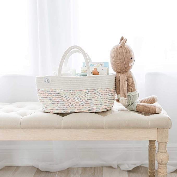 OrganiHaus Nursery Storage Basket, Cotton Rope Toy, Foldable Design, Machine Washable, Ideal for Baby Room & Laundry - Stitches Rainbow