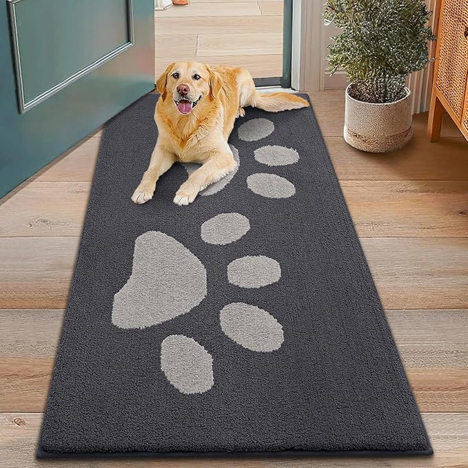 Smiry Dog Door Mat for Muddy Paws, Absorbs Moisture and Dirt, Low-Profile Entryway Mat with Non-Slip Backing, Entry Indoor Outdoor Doormat for Inside Floor (48x30 Inches, Dark Grey, Paw)