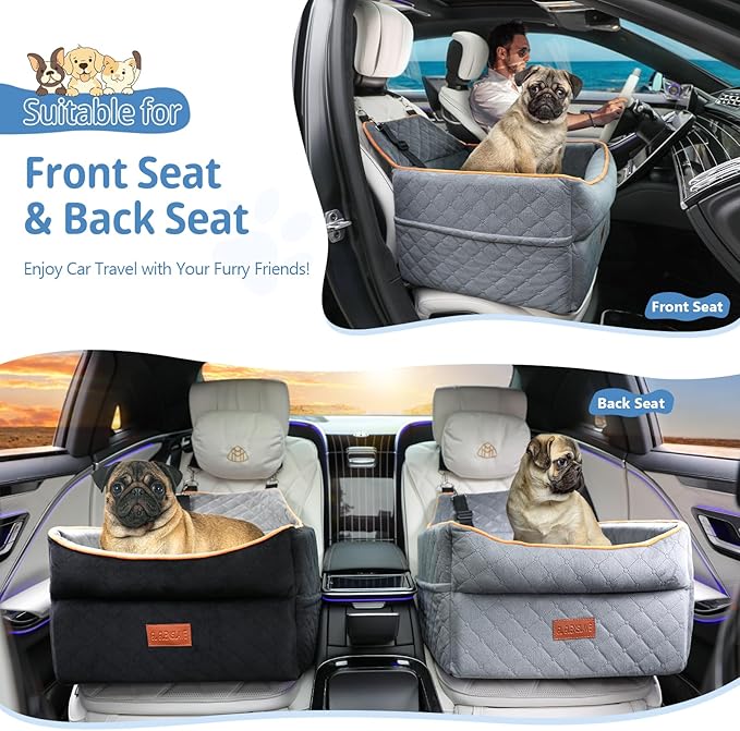 GL GLENSLAVE Dog Car Seat for Small Medium Dogs, Memory Foam Dog Booster Car Seat for Pets Under 35 lbs, Anti-Slip Pet Carseat with 2 Adjustable Leashes, Elevated Dog Travel Bed with Storage Pockets