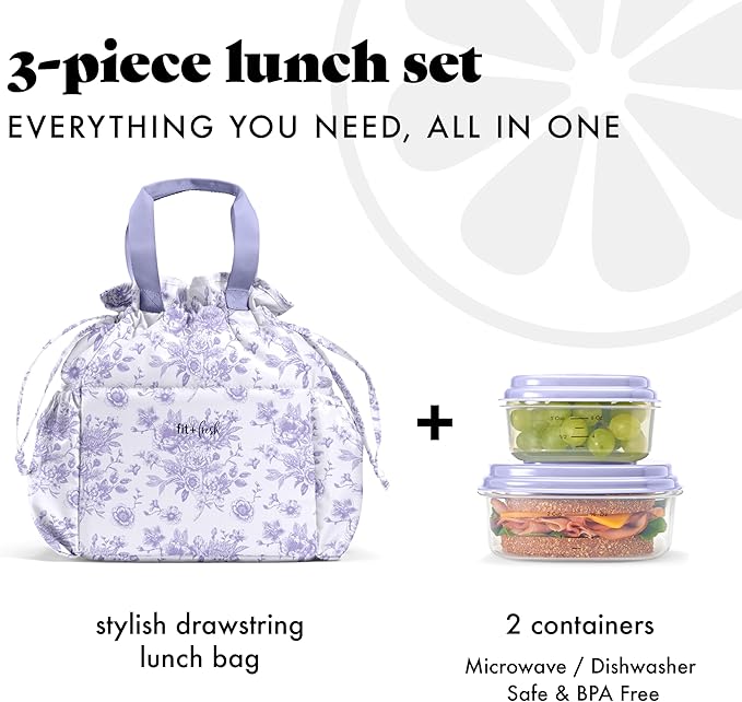 Fit & Fresh Cromwell Drawstring Lunch Bag for Women, Complete Lunch Set with 2 Containers, Stain-Resistant, Leak-Resistant, Back to School Essential, Teacher Lunchbox, Lavender Floral Toile