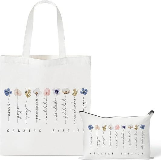 Y1tvei Spanish Floral Canvas Bag - 2Pcs Cute Watercolor Flower Print Bible Verse Canvas Tote Bag Makeup Pouch, Reusable Grocery Shopping handbag Christian Gifts for Religious Faith Church Party Favors