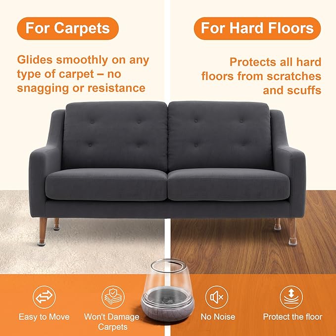 Chair Leg Floor Protectors for Hardwood Floors – Smooth Nylon Base Won’t Trap Cat or Dog Hair, Clear Silicone Caps No Scratch & Silent on Carpet & Tile (16 Pack, Fits 1" to 1-1/8")