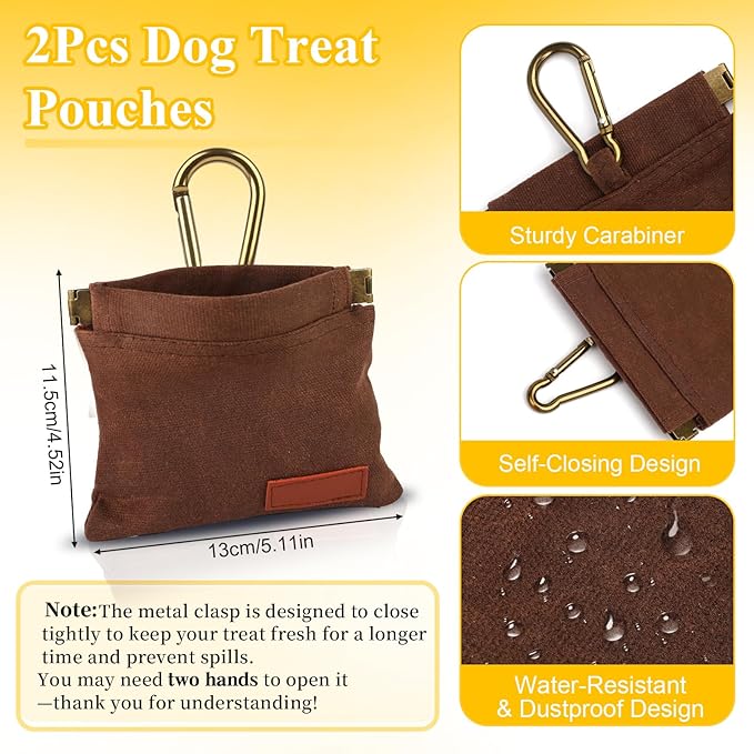 2Pcs Dog Treat Pouches for Pet Training, Hand Free Puppy Dogs Treat Bag with Carabiner, Portable Auto Closing Pet Dog Walking Bag for Travel or Outdoor Use, Pets Feed Snack Reward Pocket- Brown, Grey