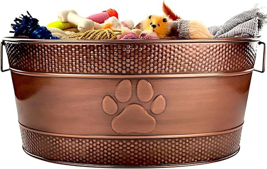 BREKX Indestructible Metal Dog Toy Bin - Copper Galvanized Storage Bin with Handles, Puppy Basket for Dog Storage, Blankets, & Leashes, Paw Pet Toy Box (25-Quart)