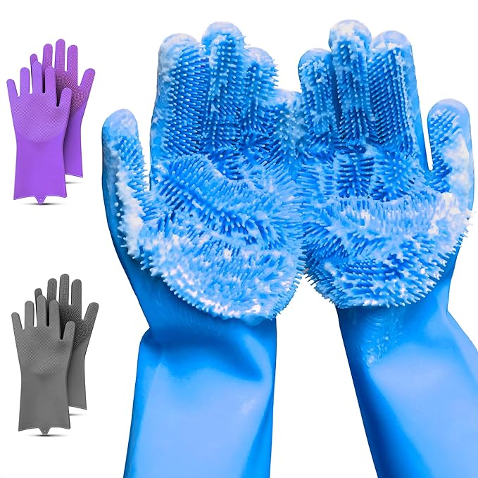RZleticc Silicone Dish Gloves with Scrubbers – Thick Tear-Resistant Cat & Dog Washing Gloves for Bathing – Multi-Purpose Use