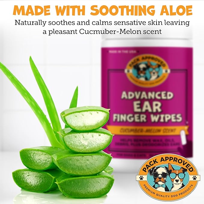 Advanced Pet Ear Finger Wipes for Dogs & Cats - Non-Irritating Pet Finger Wipes, Ear Cleaner for Dogs & Cats - Helps Reduce Wax Buildup, Debris, and Odor with Cucumber Melon Scent - 50ct