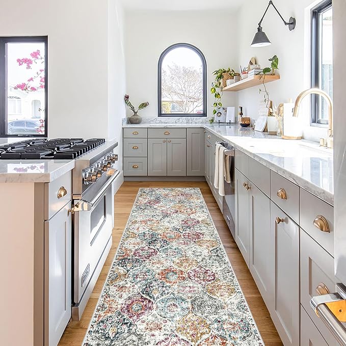 Lahome Moroccan Hallway Rug, 2'5''x8' Kitchen Runner Rugs Non Skid Washable Runners for Hallways, Ultra-Thin Oriental Carpet for Entryway Laundry Room Bedroom Bathroom Elise, Aqua/Multi