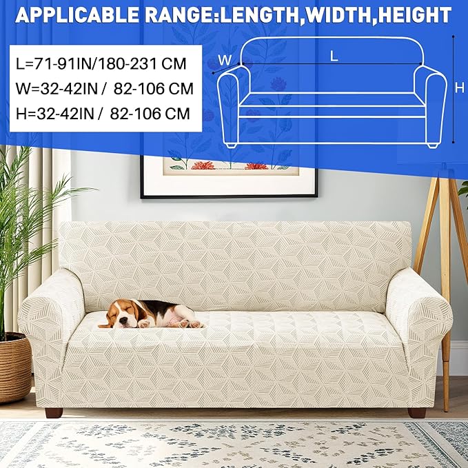 YEMYHOM 1 Piece Stretch Couch Covers for 3 Cushion Couch, Jacquard Sofa Cover with Non-Slip Elastic Bottom, Thickened Slipcover Furniture Protector for Dogs Pets (Large, Beige）
