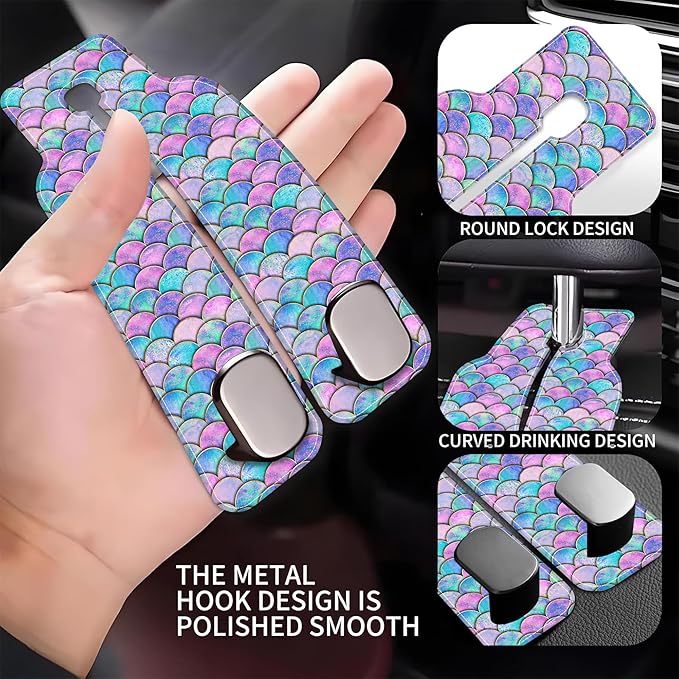 AEWNUNK Car Headrest Purse Hanger Watercolor Mermaid Fish Scale 1 Pack Bag Purse Holder for Car Premium Leather Double Metal Hook for Handbags, Grocery Bags and Phones
