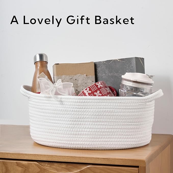 Small Woven Gift Basket Empty with Bag & Ribbon - Gifts for Mom, Baby Shower, Birthdays & Raffle - Cotton Rope Storage Basket for Dog Toys or Shelf - 13.4"x10"x5.5", Large, White