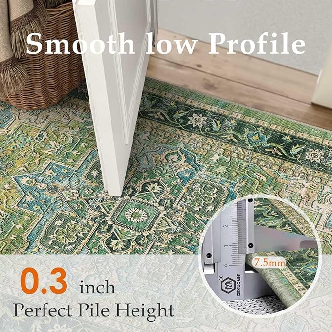 6x9 Washable Vintage Area Rug Green Oriental Living Room Bedroom Throw Rug Neutral Non Slip Soft Low Pile Carpet for Dining Room Office Nursery Indoor