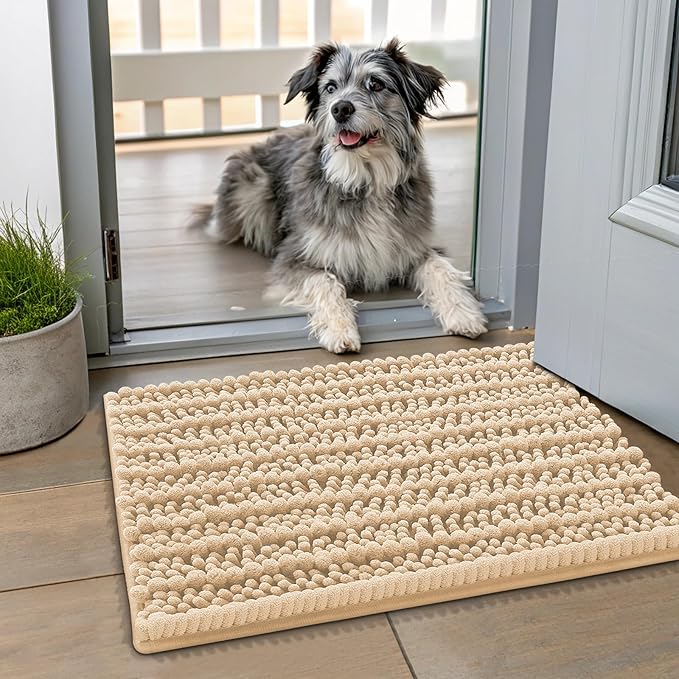 Smiry Dog Door Mat for Muddy Paws 24x16, Extra Soft Absorbent Chenille Doormat, Trap Moisture and Dirt, Non-Slip Machine Washable Front Door Mat for Indoor Entrance Inside Floor, Beige
