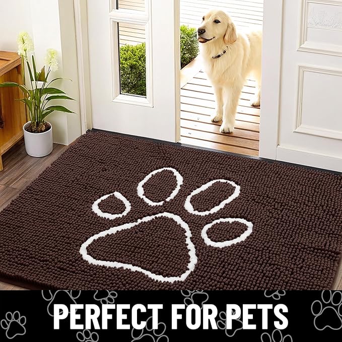 Smiry Dog Door Mat for Muddy Paws, Absorbent Dirt Trapper Non Slip Quick Dry Washable Chenille Mat for Mud Dogs, Entry Rug for Indoor and Outdoor (45x27 Inches, Brown and White)