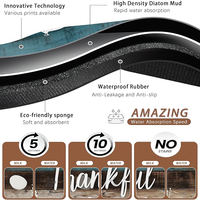 Thankful Grateful Blessed Dog Cat Food Mat,Vintage Wooden Absorbent Pet Feeding Mat for Food and Water, Non-Slip Dog Bowl Mats Floor Protector 16"x24"