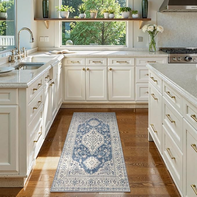 Lahome Oriental Small Area Rug, 2x4 Washable Entryway Rug Non-Slip Ultra-Thin Indoor Door Mat Distressed Throw Carpet for Kitchen Bedroom Eleanor, Blue