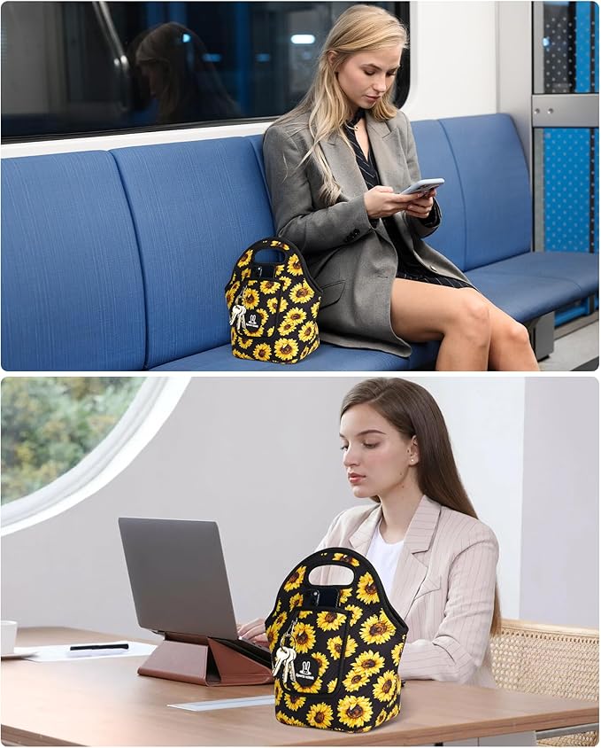 Sports rabbit Neoprene Insulated Lunch Bag for Women - Front Pocket for Phone&Keys - Reusable, Foldable, Lightweight, Waterproof, Easy to Store & Clean - Ideal for Work, Travel & Picnics (sunflower)