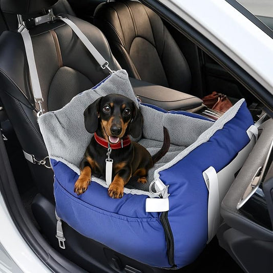 Dog Car Seat for Small Dogs with Extension Zone, Portable Washable Travel Bed for Pets up to 30 lbs, Booster Seat for Front Seat & Camping, Includes Harness Clip – Blue