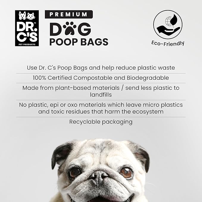100% Certified Compostable Dog Poop Bags - Dr. C's Premium Dog Poop Bags - 120 Bags / 8 Rolls, Extra thick, Leak Proof, Unscented, Plant Based, Earth Friendly and USA Owned