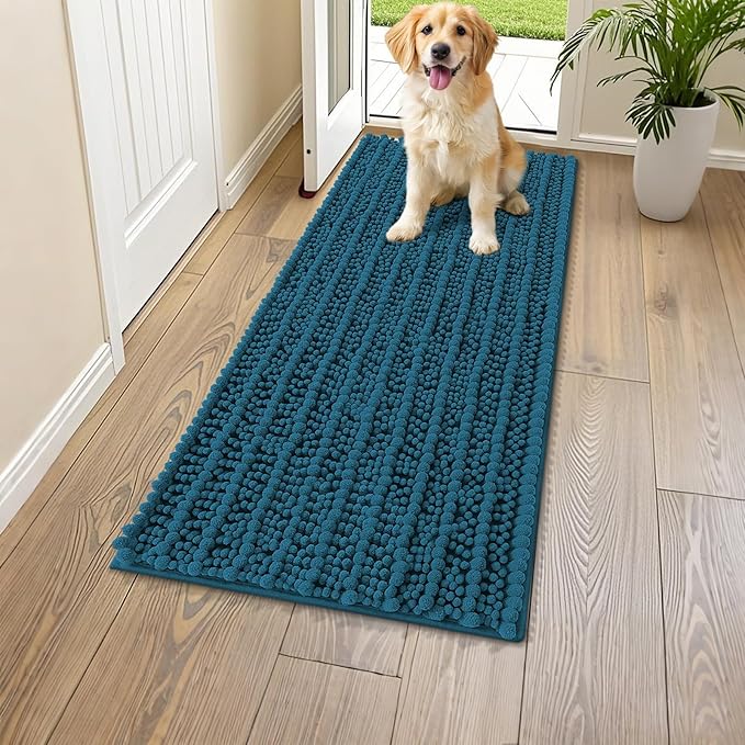 Smiry Dog Door Mat for Muddy Paws 47x17, Extra Soft Absorbent Chenille Doormat, Trap Moisture and Dirt, Non-Slip Machine Washable Front Door Mat for Indoor Entrance Inside Floor, Atlantic Blue
