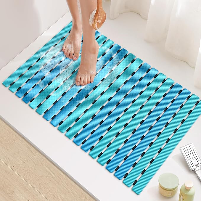 Yolife Quick Drain Shower Mat, 24.8 x 15.8 inch Power Grip Shower Mat Non Slip, Raised Non Slip Shower Mats for Inside Shower, Heavy Duty Curlable Stand up Shower Floor Mat,Blue