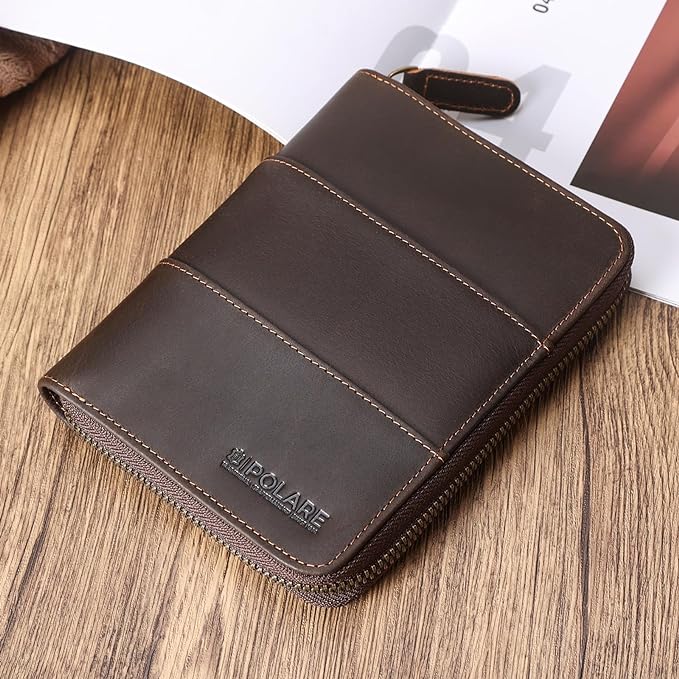 Polare Full Grain Leather Travel Passport Wallet with YKK Zipper and RFID Blocking Document Organizer Holder 2 Passports (Dark Brown)
