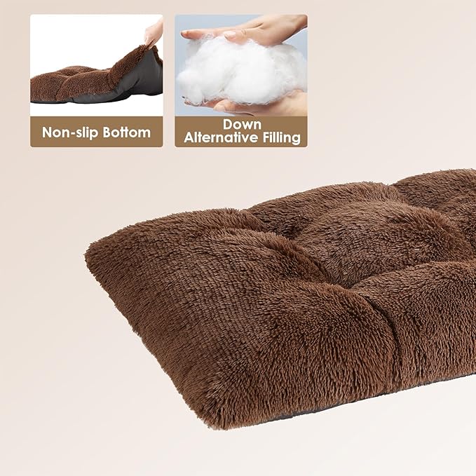 EHEYCIGA Fluffy XXL Dog Crate Pad, Plush Faux Fur Crate Bed for Extra Large Dogs, Calming Anti Anxiety XXL Dog Bed, Washable Warm Mat with Non-Slip Bottom, Coffee
