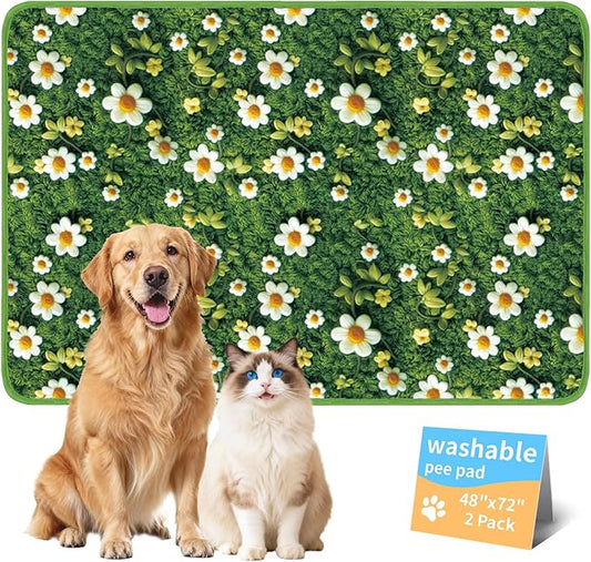 Dog Pee Pads Training Pads Upgrade Triple Thickness All-Purpose Super Absorbent & Leak-Proof, Quick Dry and Leak-Proof and Odor Control (Yellow Daisy on Green, 48" x72"x2PCS)