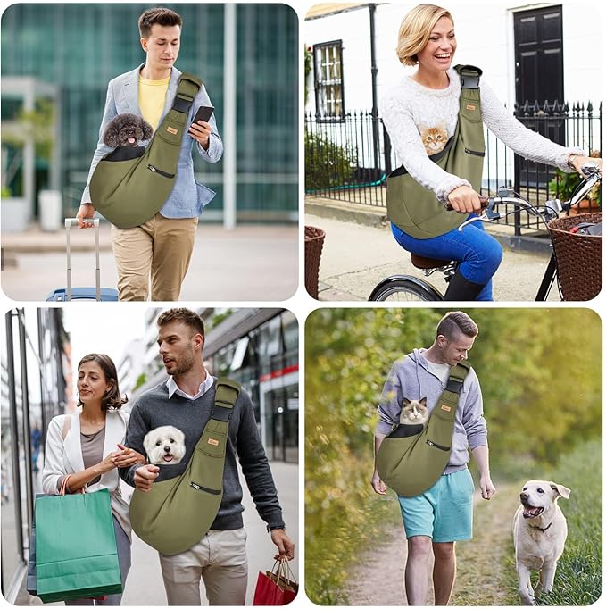 CUBY Dog and Cat Sling Carrier - Hands Free Reversible Pet Papoose Bag - Soft Pouch and Tote Design - Suitable for Puppy, Small Dogs Cats Outdoor(Green, Adjust Strap 2.0)