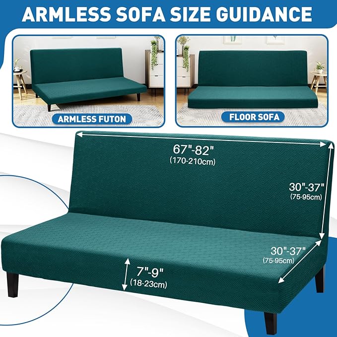 ZNSAYOTX Stretch Fit Futon Cover (67"-82") Armless Futon Sofa Bed Slipcover with Elastic Band, Universal Foldable Sofa Mattress Protector Full Queen Size, Washable Comfort Jacquard (Teal Green)
