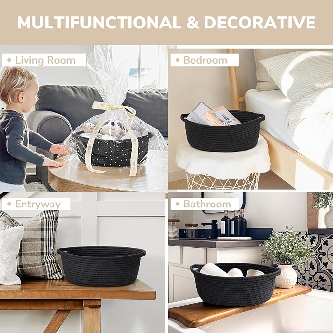 CHICVITA Black Empty Gift Basket, Small Woven Baskets for Organizing, Rope Baskets for Storage, Decorative Basket for Dogs, Cats, Cute Organizer for Shelves, 12"x 8"x 5"