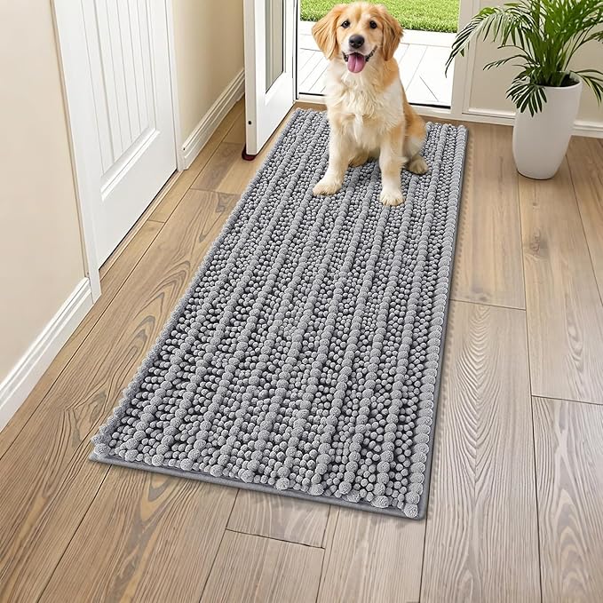 Smiry Dog Door Mat for Muddy Paws 47x20, Extra Soft Absorbent Chenille Doormat, Trap Moisture and Dirt, Non-Slip Machine Washable Front Door Mat for Indoor Entrance Inside Floor, Grey