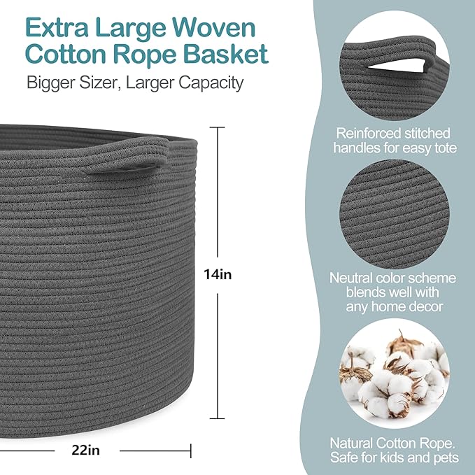 Large Dark Grey Storage Basket, Woven Cotton Rope Baskets for Storage, Big Blanket Organizer Storage Basket for Living Room, Kids Room Toy Storage Organizer Box, Blanket Keeper (22"x14")