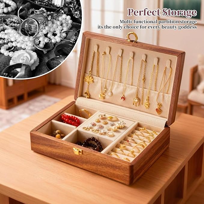Travel Jewelry Case Small Wood Jewelry Organizer Jewelry Box for Women (Nut-Brown Print C)