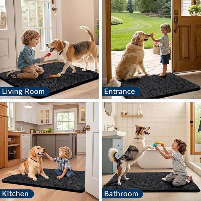 Smiry Dog Door Mat for Muddy Paws 47x17, Absorbs Moisture and Dirt Doormat, Non-Slip Washable Quick Dry Chenille Front Door Mat Indoor Entrance, Entryway Carpet for Inside Floor, Black