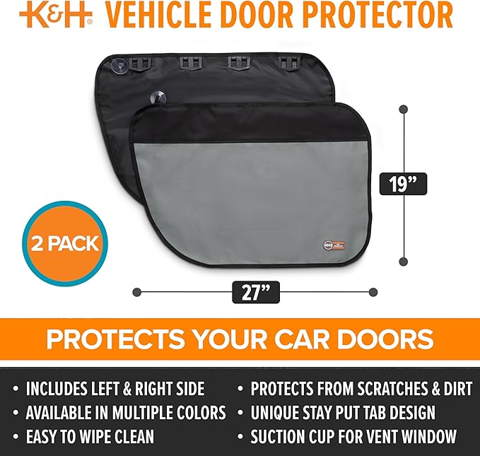 K&H Pet Products Car Door Protector for Dogs, 2 Pack Waterproof Interior Pet Car Door Protector from Dog Scratching, Stay Put Cover Design, Fits Most Vehicles, Washable - 27 x 19in Gray