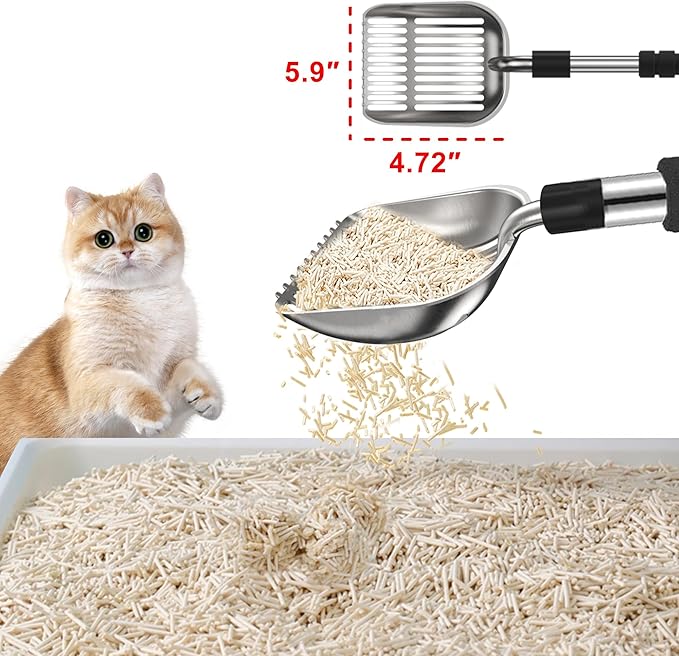Cat Litter Scoop, Metal Litter Scooper with Deep Shovel, Scooper Long Handle Detachable Components Stainless Litter Scooper，Large Durable Cat Litter Shovel with Foam Pad Grip(Silver Color)