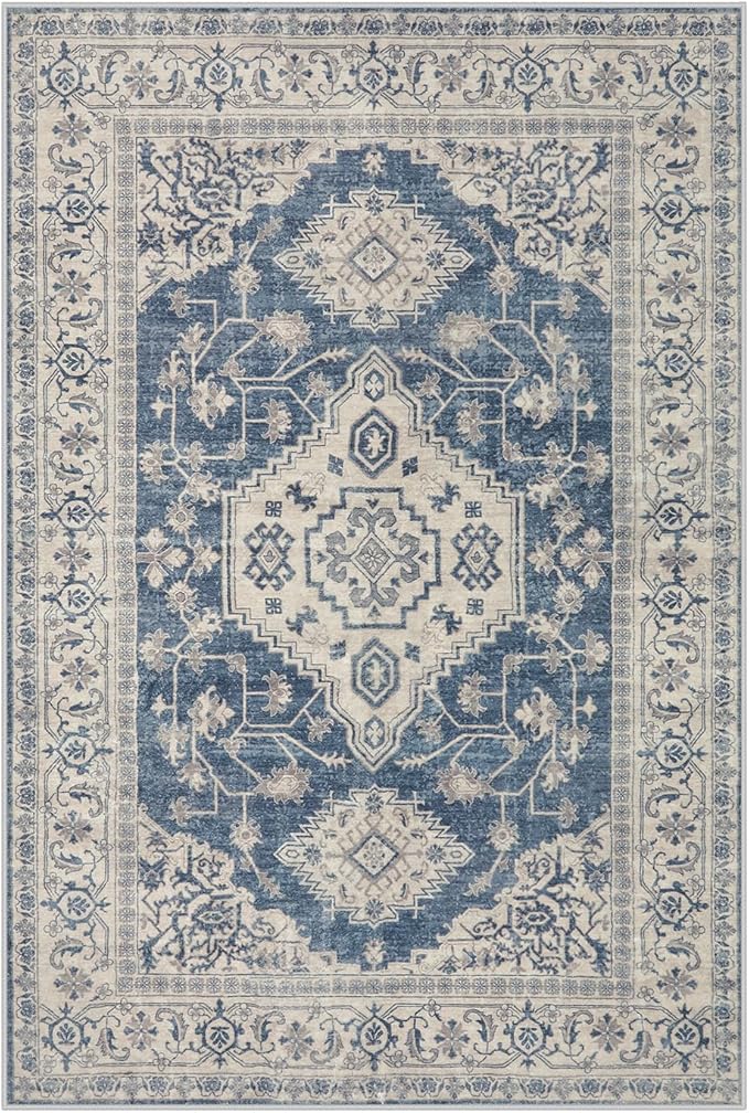 Lahome Oriental Area Rug, 3x5 Washable Rugs for Living Room Non Slip Entry Mat, Vintage Soft Pet Friendly Throw Carpet for Entryway Bedroom Dinning Room Eleanor, Blue