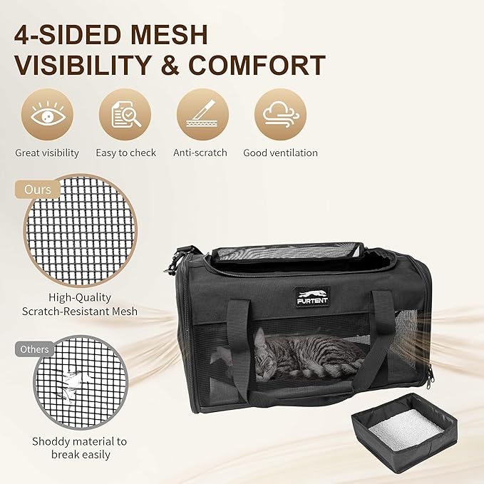 TSA Approved Pet Carrier for Small Cats and Puppies, Soft-Sided and Foldable, Cat and Dog Carrier Fits Pets Up to 15 lbs, Durable Portable Travel Bag with Litter Box (Black, Litter Box & Leash Set)
