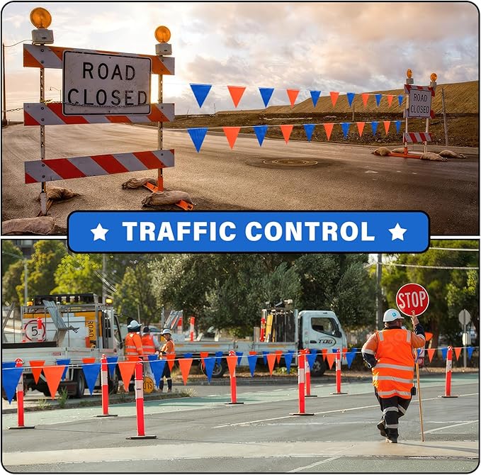 105ft Pennant Banner Flags, 7x10 Blue and Orange 45 Pcs High Visibility Safety Flagging on String, Triangle Pool Flag for Backstroke, Construction Events Party Decoration Parking Marking Outside