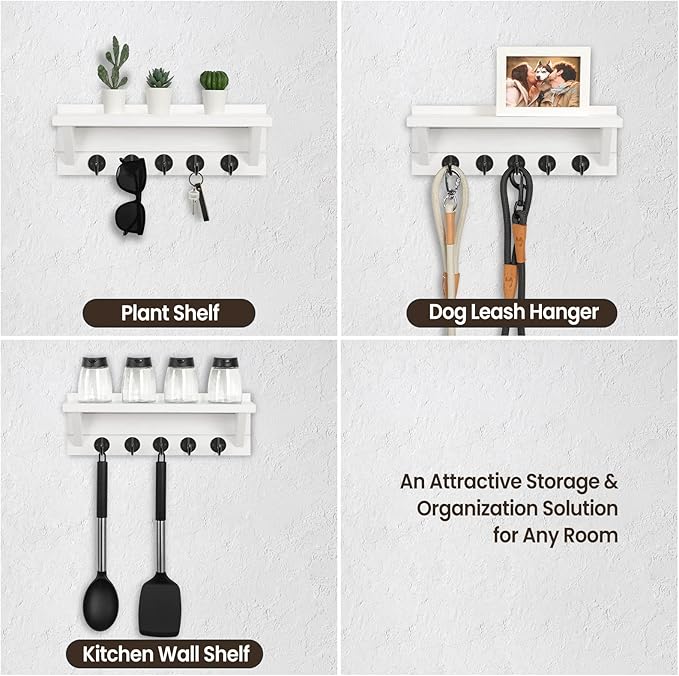 Wall Key Holder, Rustic Shelf with Hooks Made of Paulownia Wood Holds Keys, Dog Leash, Bags and More - 13.7" W x 4.7" H x 3.5" D Decorative Key Hanger and Entryway Shelf