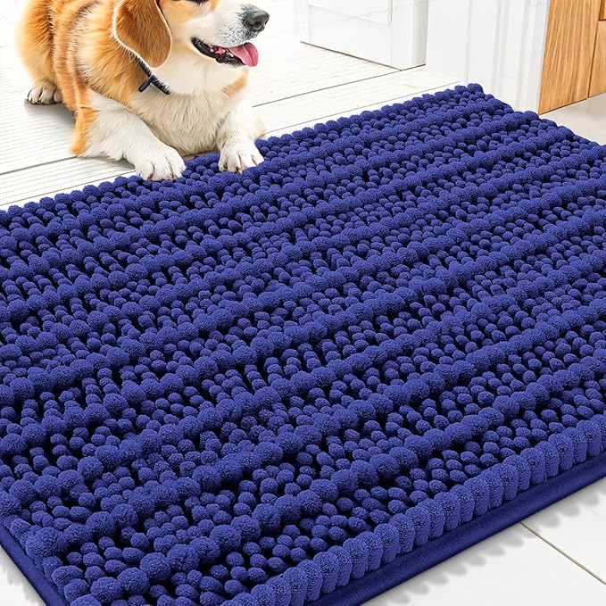 Smiry Dog Door Mat for Muddy Paws 30x20, Extra Soft Absorbent Chenille Doormat, Trap Moisture and Dirt, Non-Slip Machine Washable Front Door Mat for Indoor Entrance Inside Floor, Navy Blue