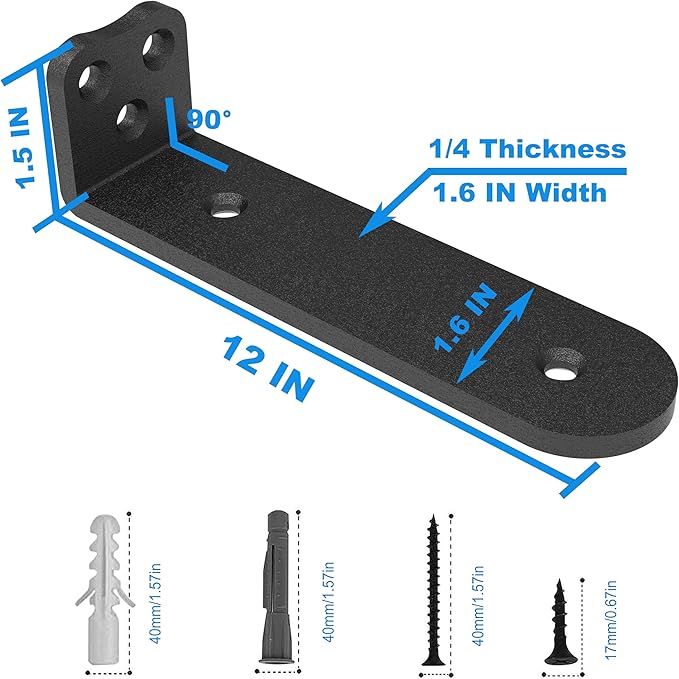 Eurydice Heavy Duty Floating Shelf Brackets, 1/4 inch Thick L Brackets, (4 In 8 Pack Black), Holds 200 lb, Rounded Arc Edge, One-Piece, 3 Hole Mounting For Wood Shelves in Kitchen, Garage, Office, DIY